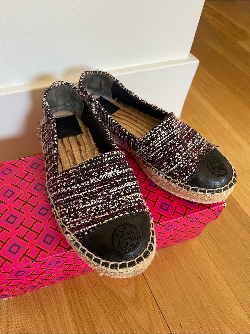 Tory Burch Burgundy Tweed Espadrille Flats with Black Leather Toe